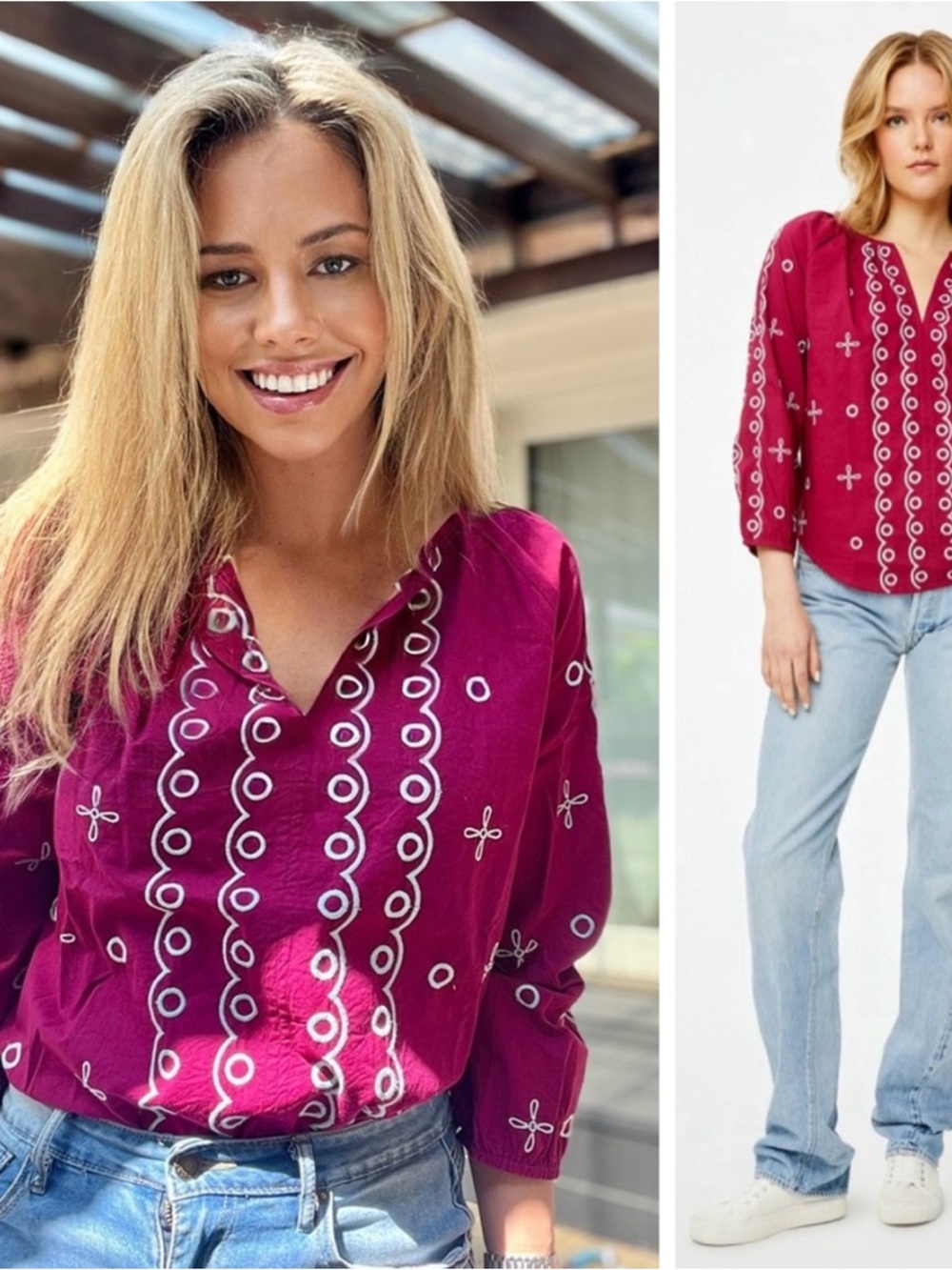 Roller Rabbit Peonia Embroidered Malm Top in Ruby